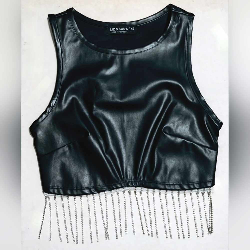 Liz & Sara Black Faux Leather Crop Tank with Hanging Rhinestones Sz XS